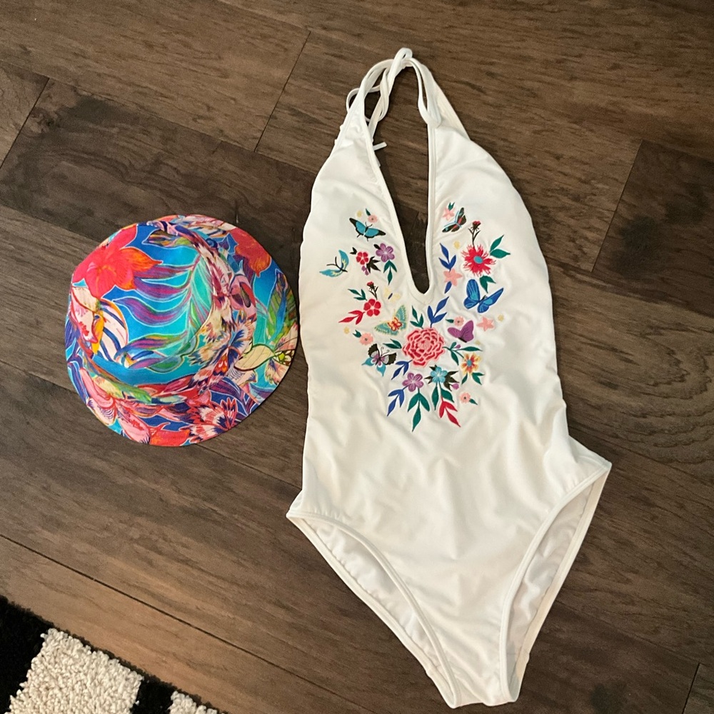 Johnny Was White Floral Embroidered One-Piece Swimsuit